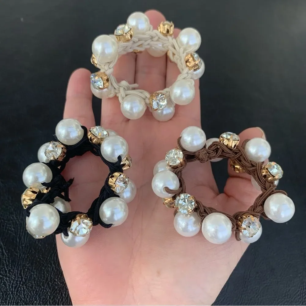 Set of 3 Pearl and Crystal Hair Ties Elastic Band Scrunchies